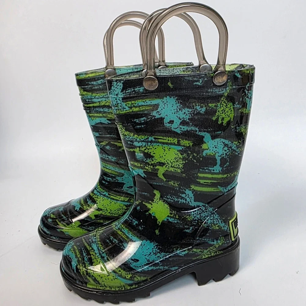 Western Chief Boys Size 5 Dinosaur Light Up Rain Boots Waterproof‎ Green Blue